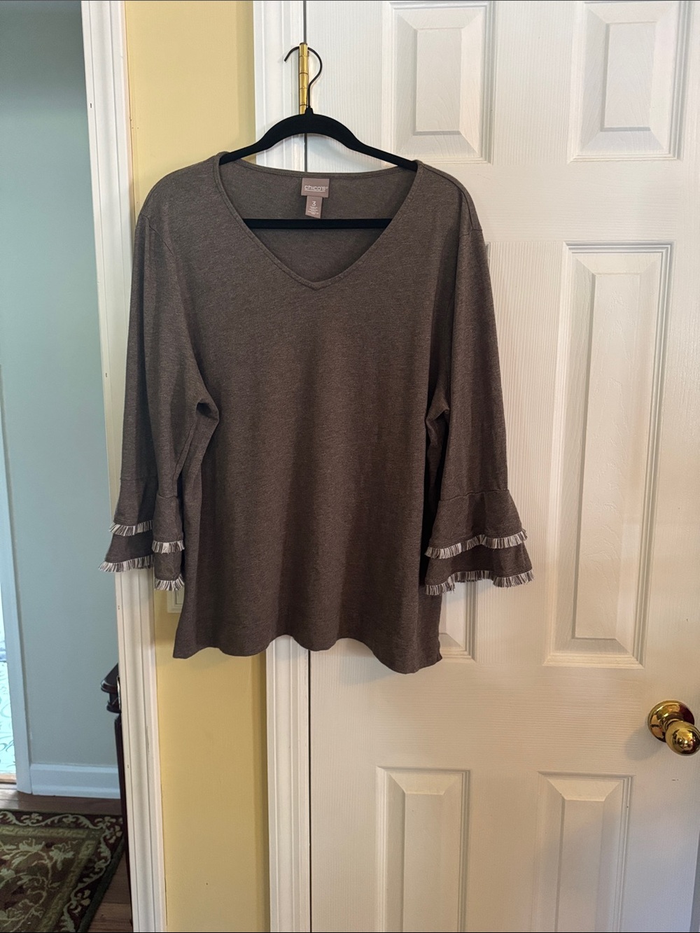 Chico's Size 3 Taupe V-Neck Tunic with Fringed Bell Sleeves